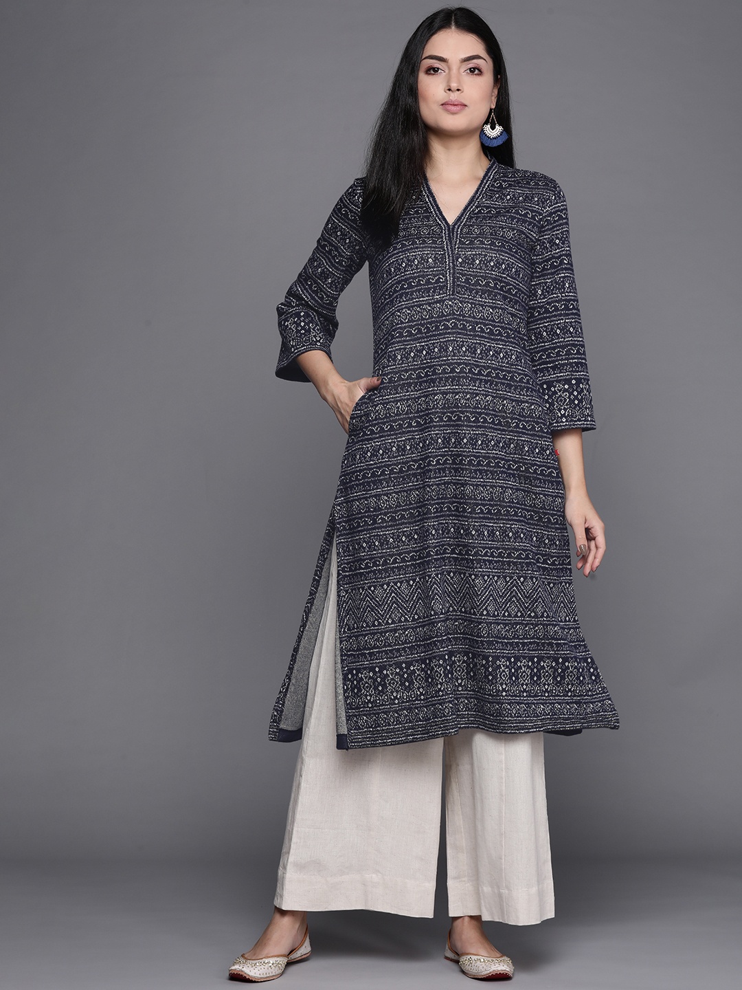 Biba Women Navy Blue & Navy Blue Ethnic Motifs Printed Kurta
