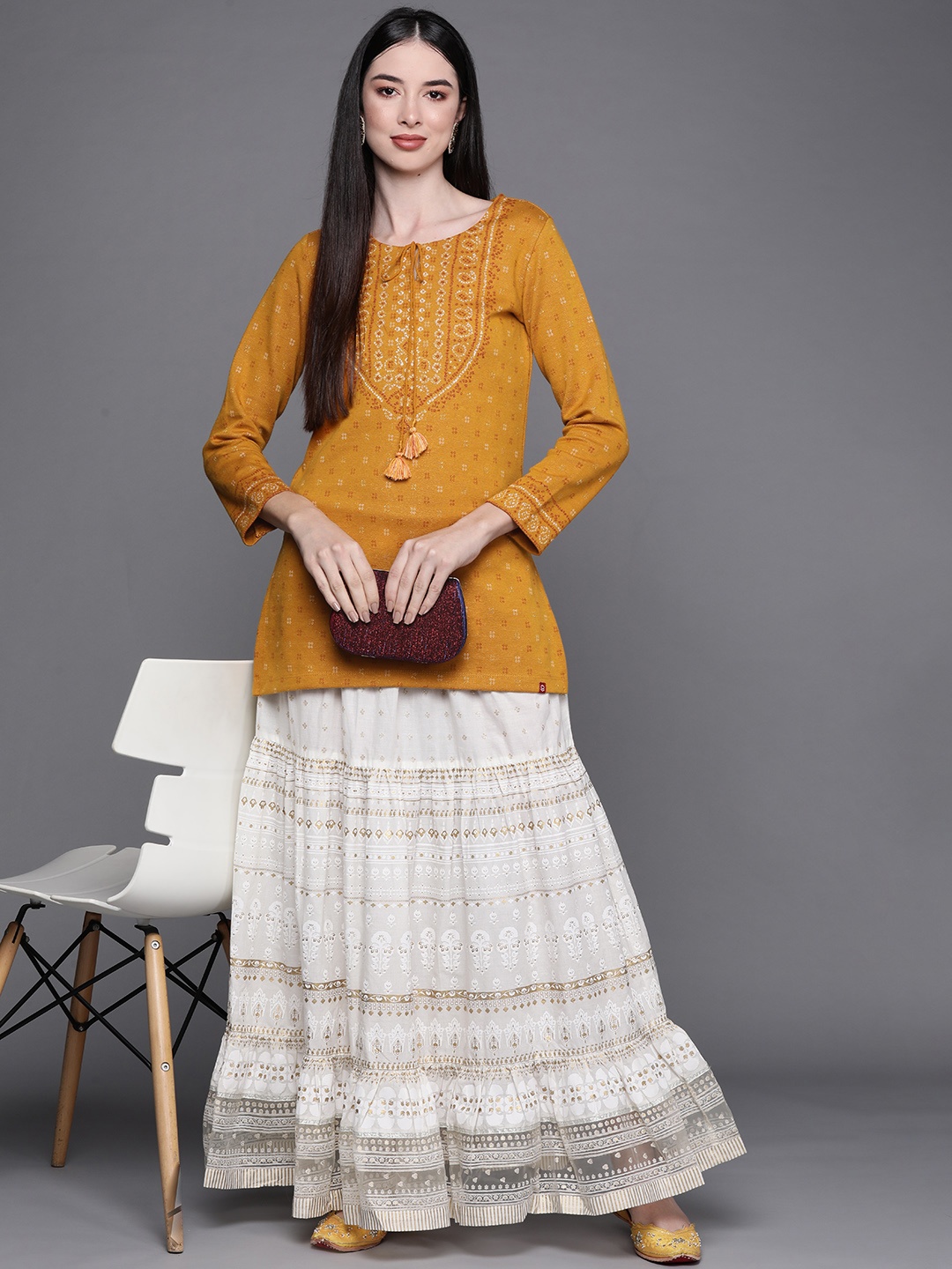 

Biba Women Mustard Yellow & Orange Ethnic Motifs Printed Jacquard Kurta