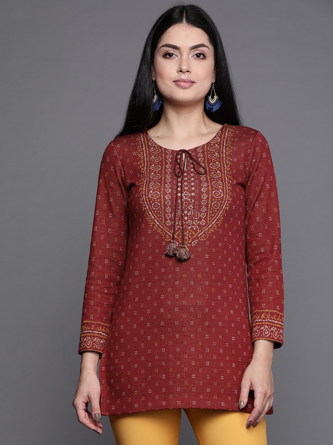 

Biba Women Maroon & Mustard Yellow Ethnic Motifs Printed Jacquard Kurta