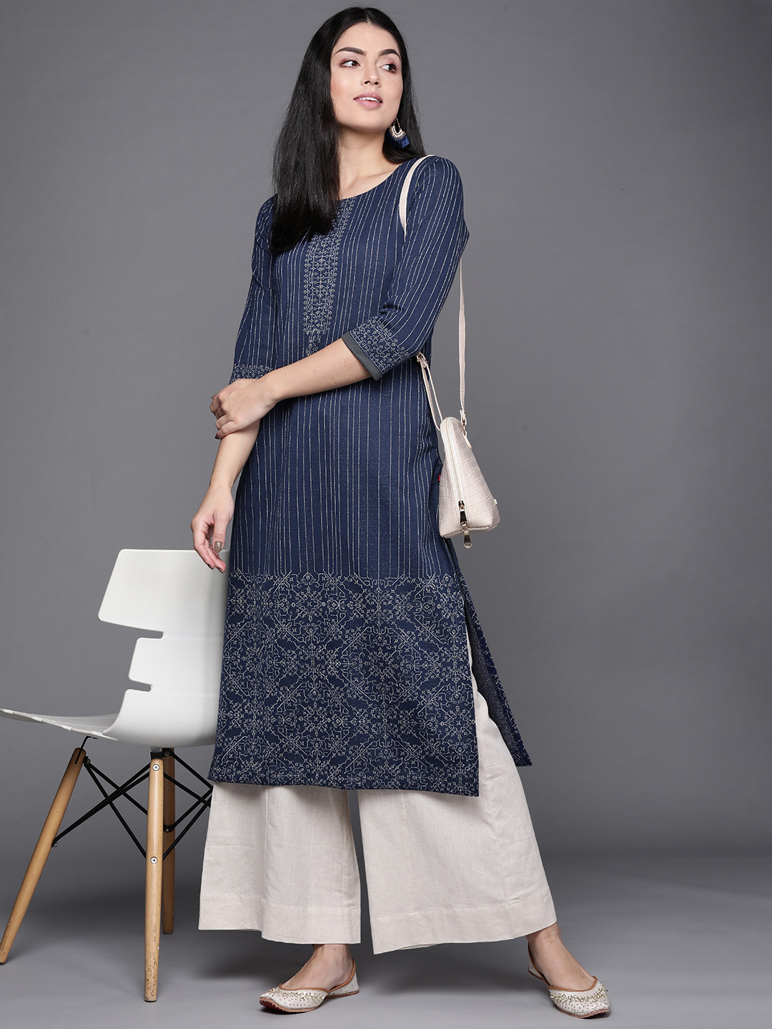 

Biba Women Navy Blue & Navy Blue Printed Kurta