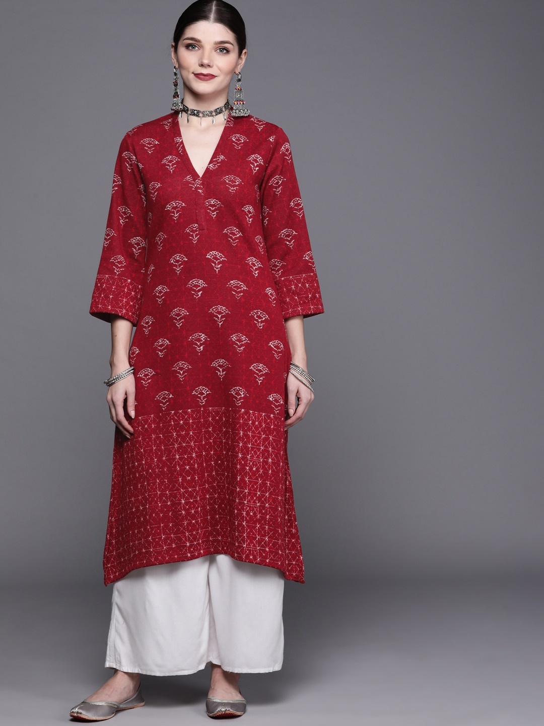 

Biba Women Maroon & White Ethnic Motifs Jacquard Kurta