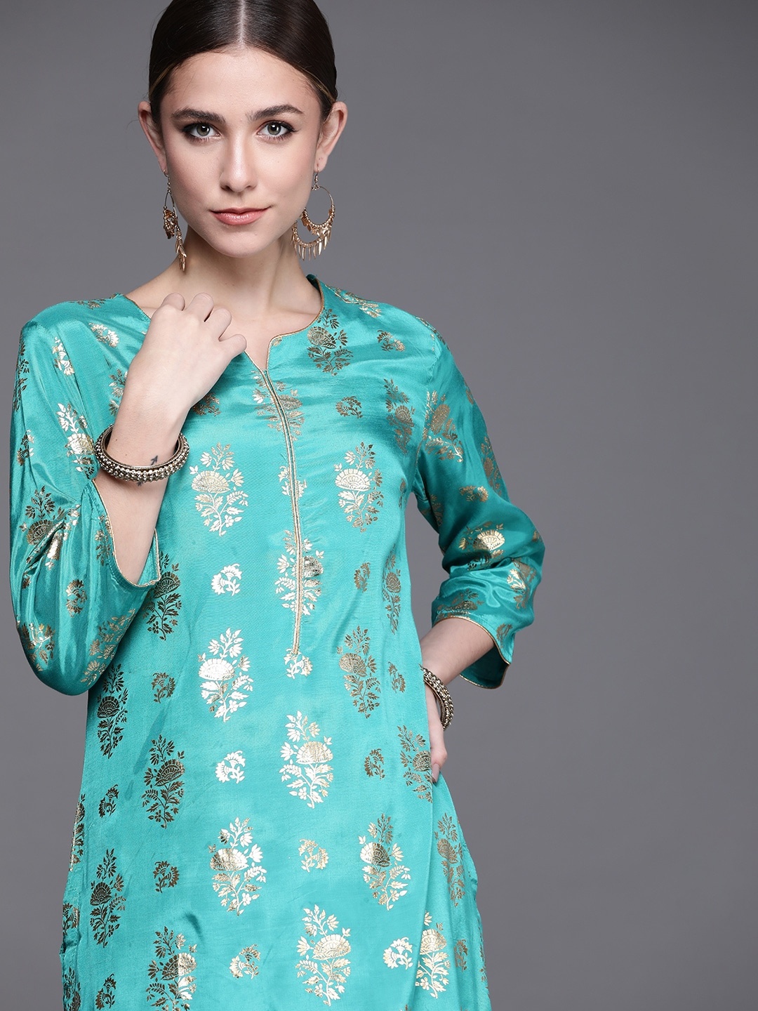 

Biba Women Turquoise Blue Ethnic Motifs Foil Printed Keyhole Neck Kurta