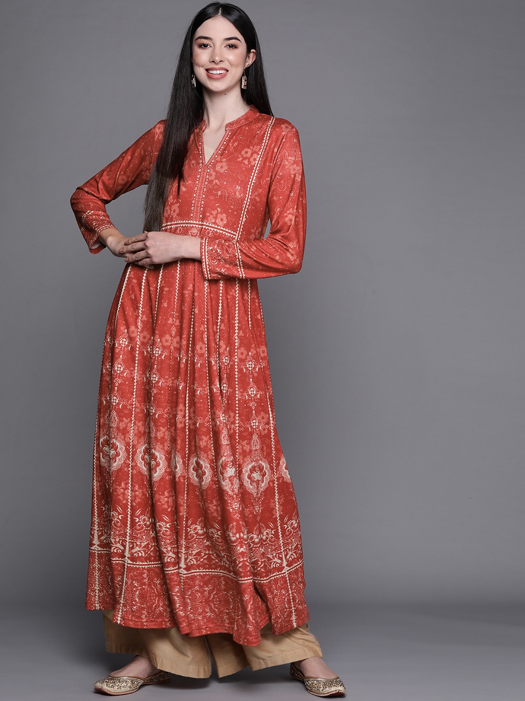 

Biba Women Rust Red & Cream-Coloured Ethnic Motifs Printed Knitted Winter Anarkali Kurta
