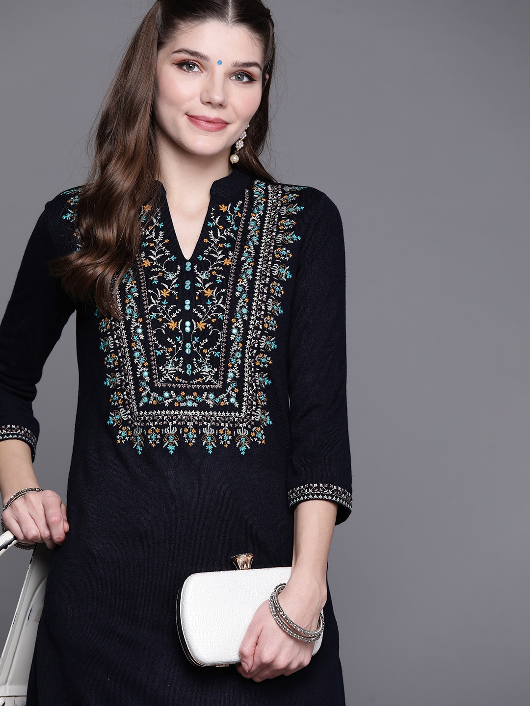 

Biba Women Navy Blue & White Embroidered Kurta