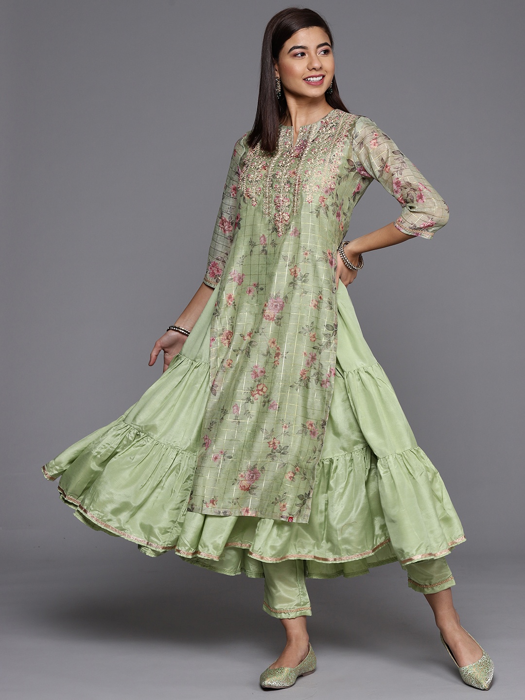 

Biba Women Green & Pink Floral Printed Layered Anarkali Tiered Kurta