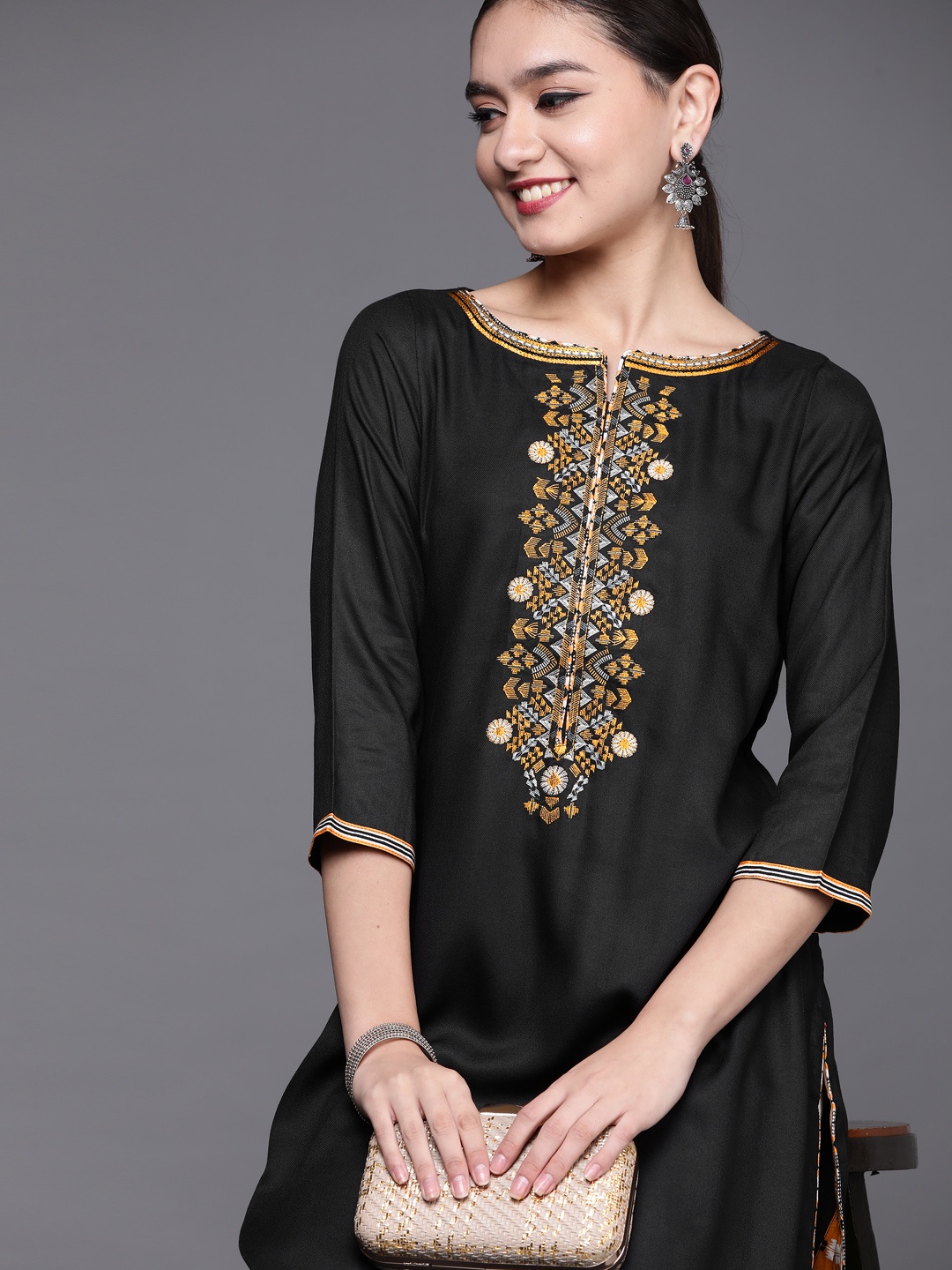 

Biba Women Black Solid Kurta With Thread Work