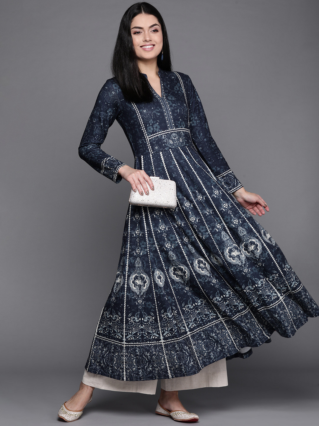 

Biba Women Navy Blue & Off-White Ethnic Motifs Printed Panelled Anarkali Kurta