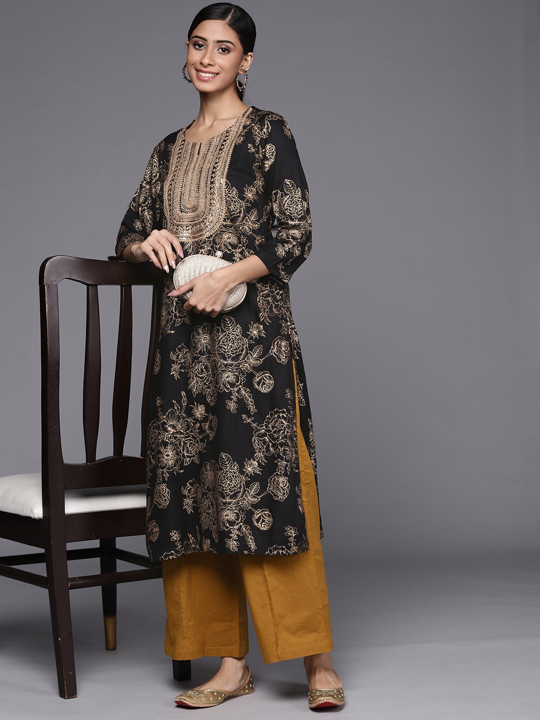 

Biba Women Black & Golden Ethnic Motifs Printed Kurta
