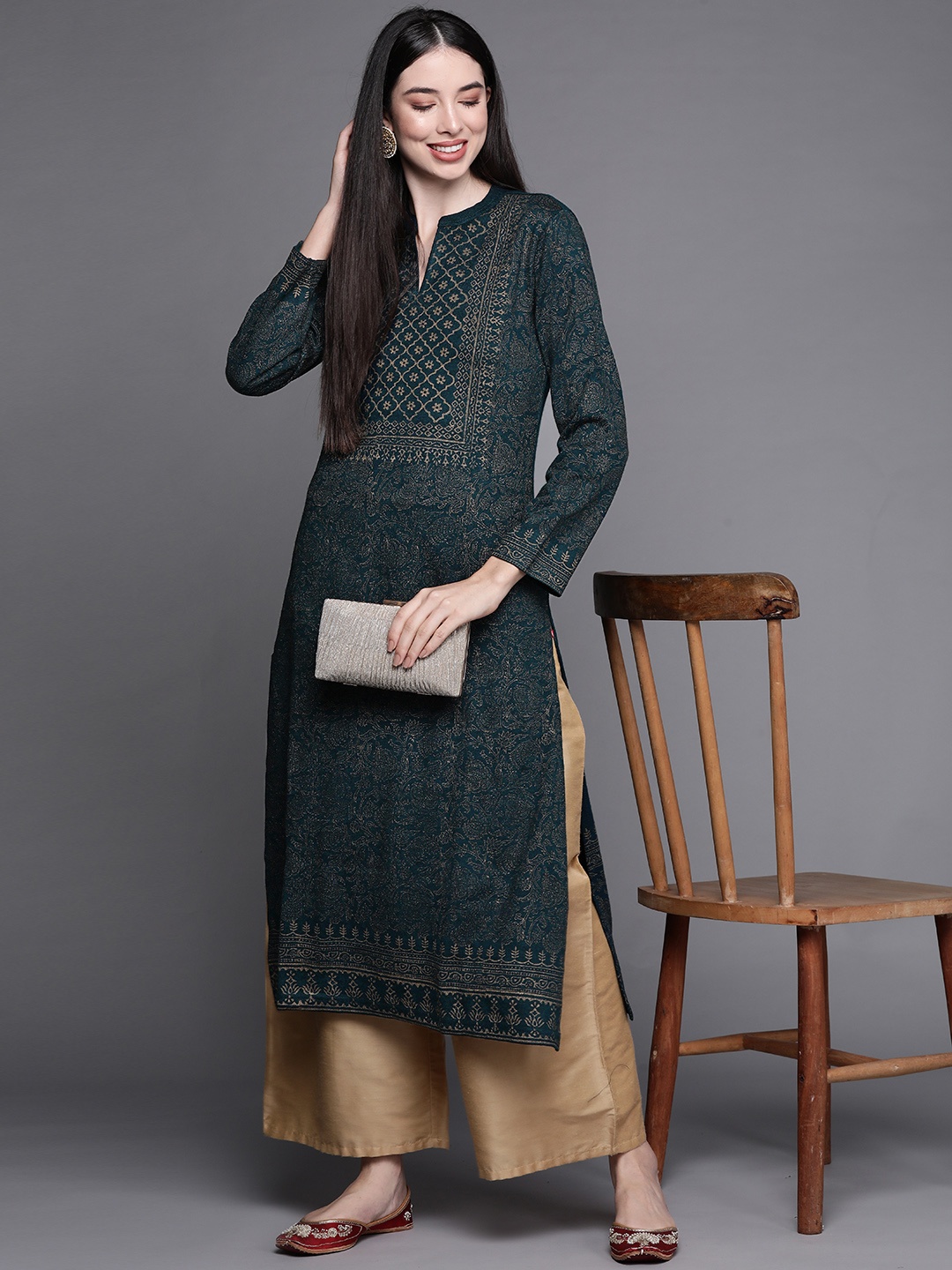 Biba Women Teal Ethnic Motifs Printed Kurta