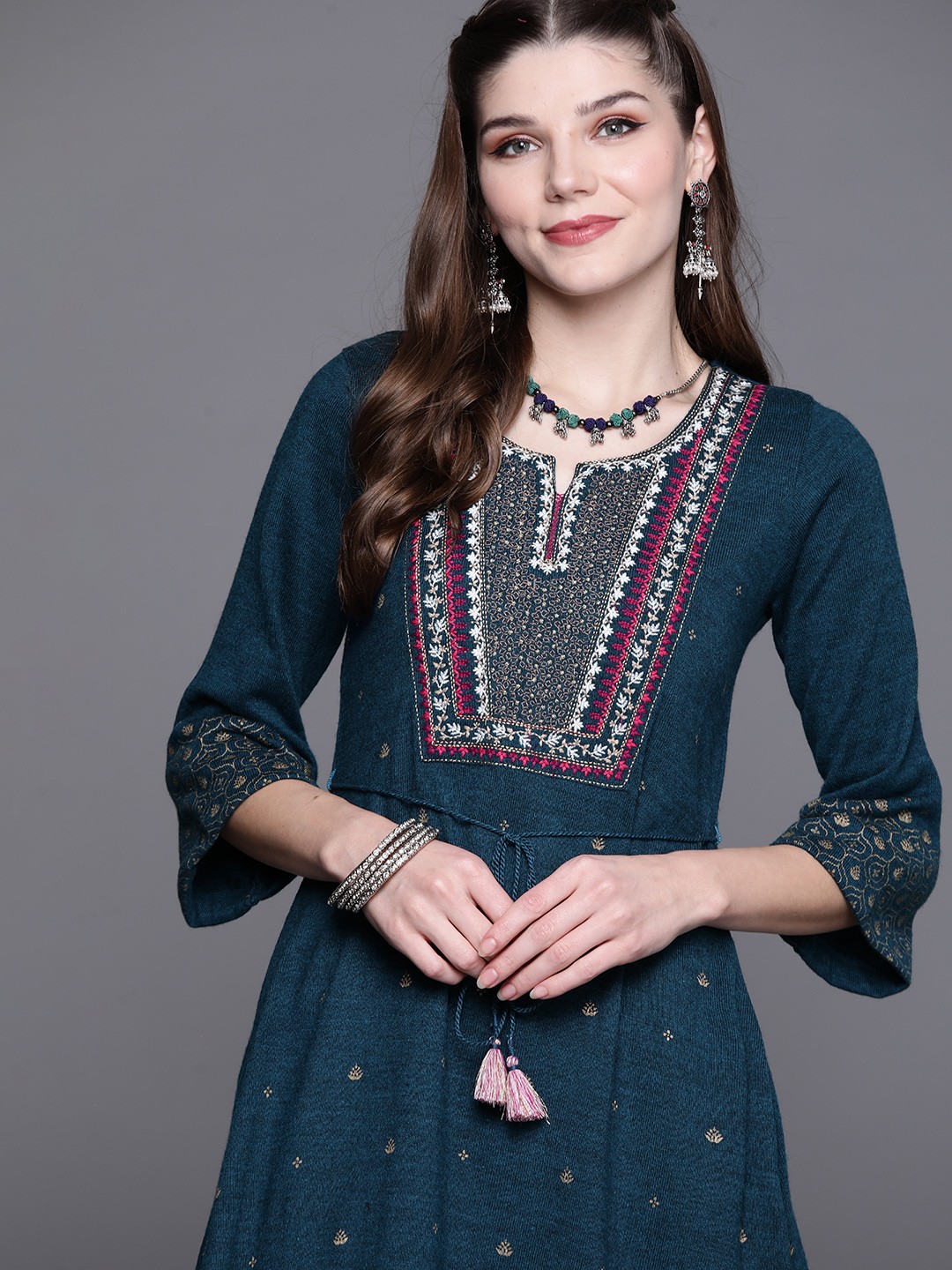 

Biba Women Teal Blue & Golden Thread Work A-line Kurta