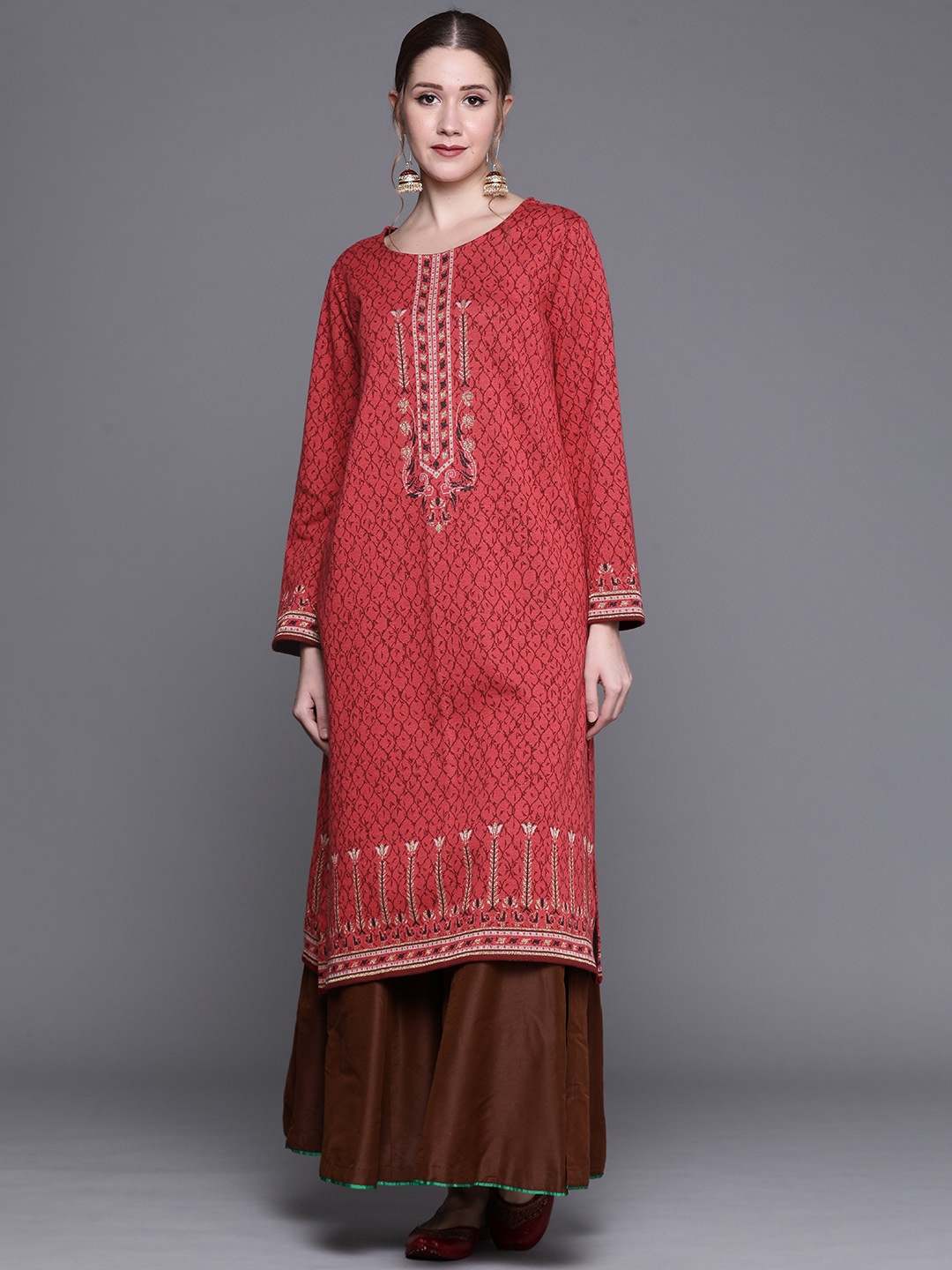 

Biba Women Red & Golden Self Design Kurta