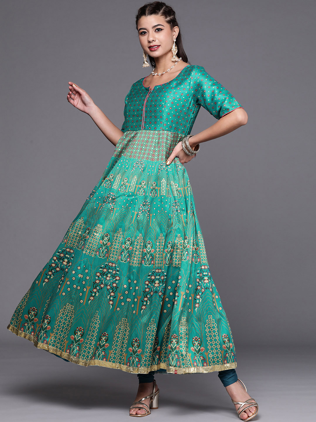 

Biba Women Green & Golden Ethnic Motifs Printed Anarkali Kurta