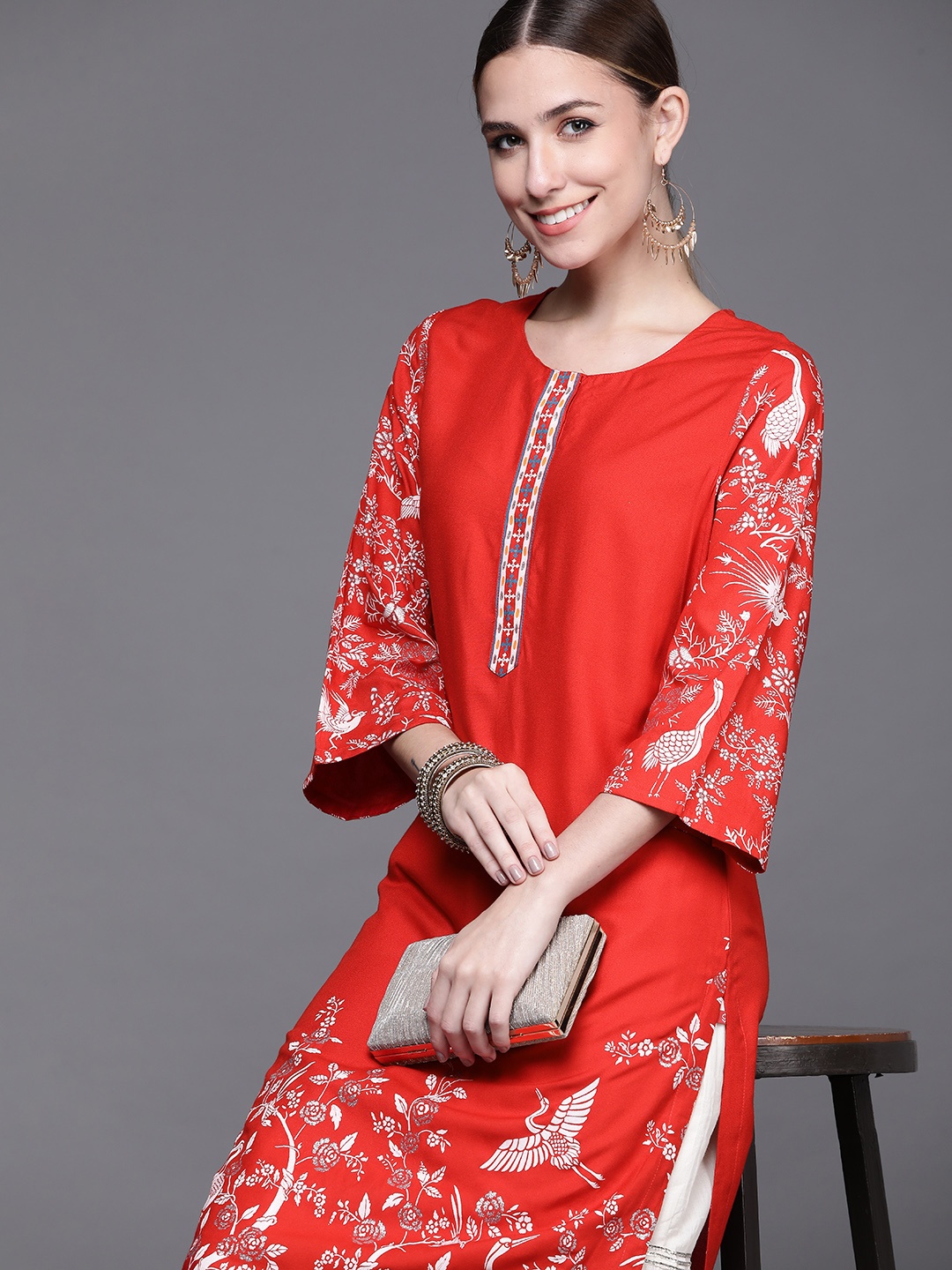 

Biba Women Red Floral Printed Extended Sleeves Kurta