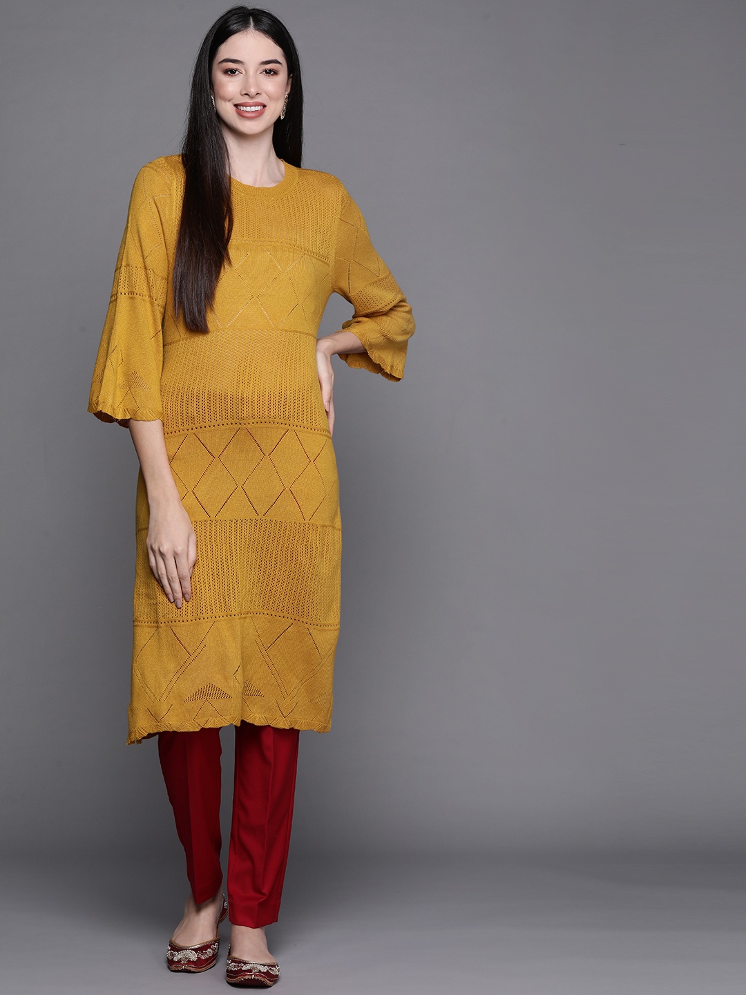 

Biba Women Mustard Yellow Geometric Kurta