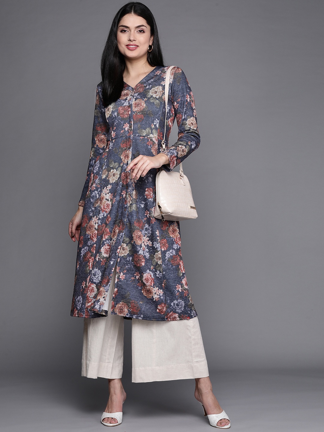 

Biba Women Navy Blue & Off White Floral Printed Winter A-Line Kurta