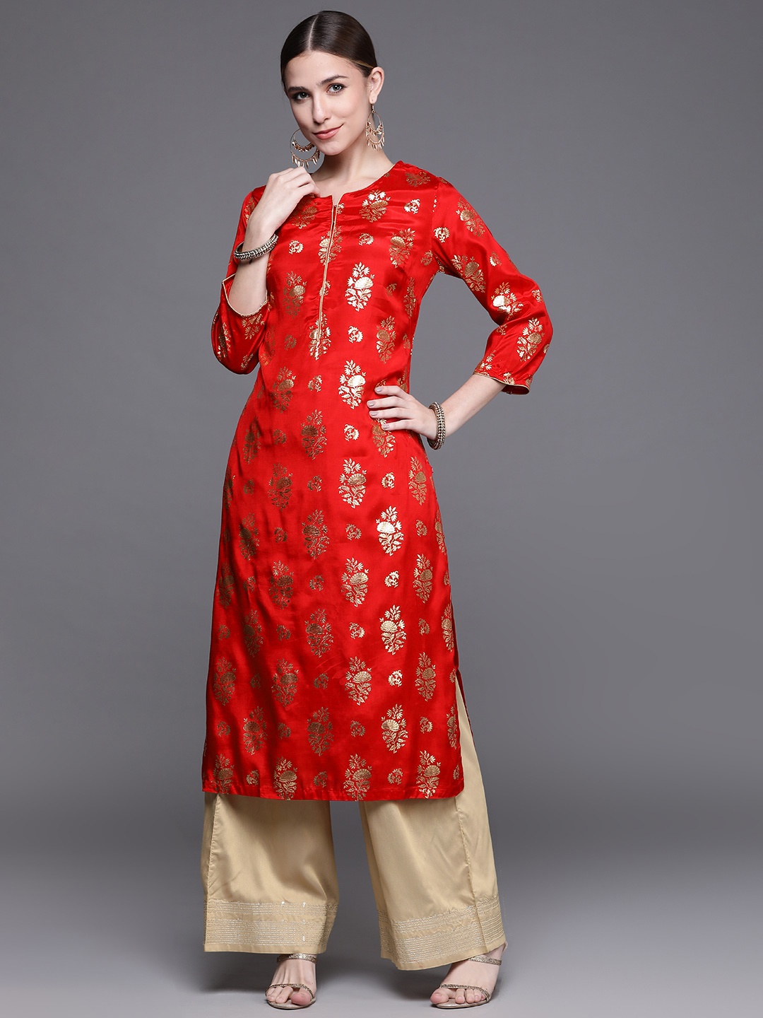 

Biba Women Red Floral Foil Printed Kurta