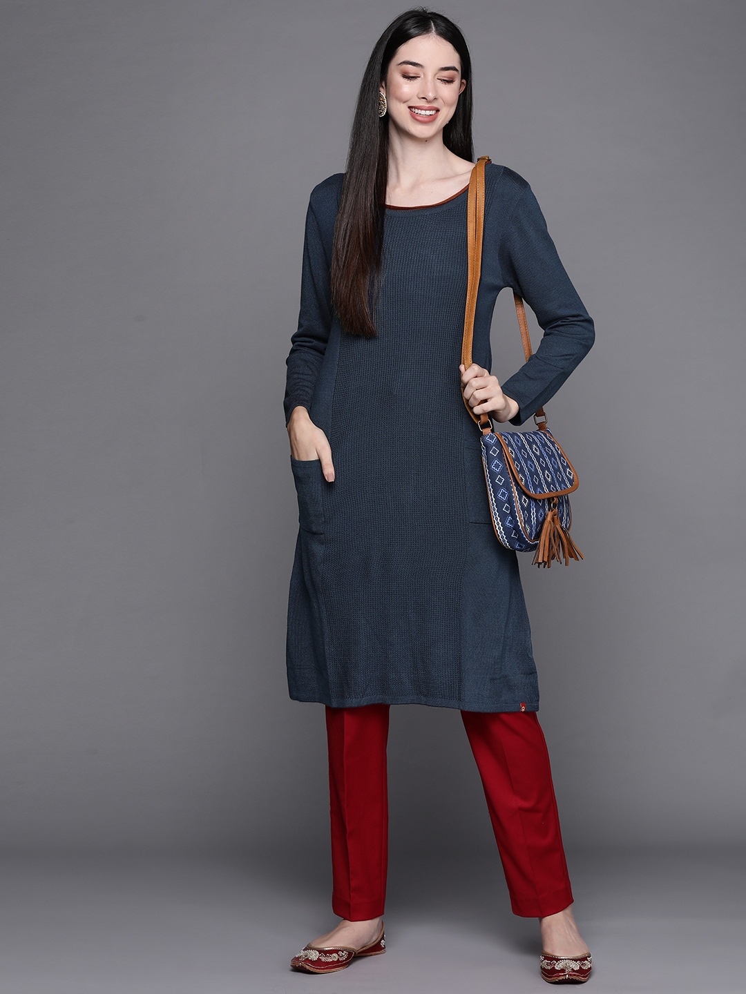 

Biba Women Navy Blue Solid Striped Kurta