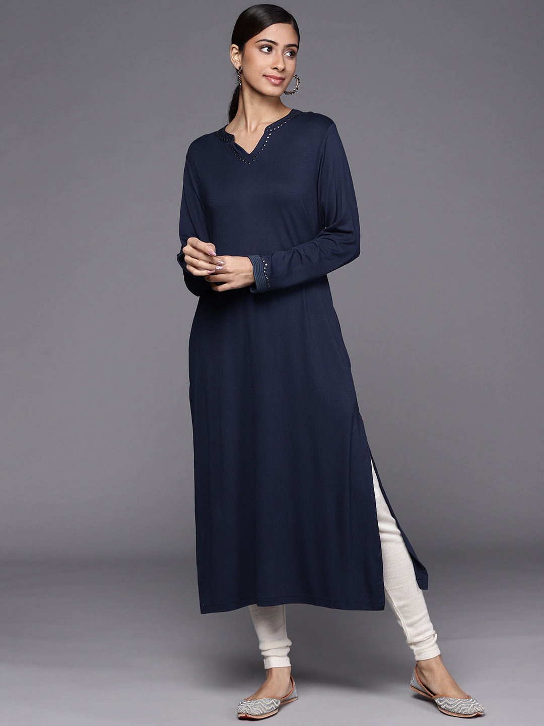 

Biba Women Navy Blue Solid Kurta