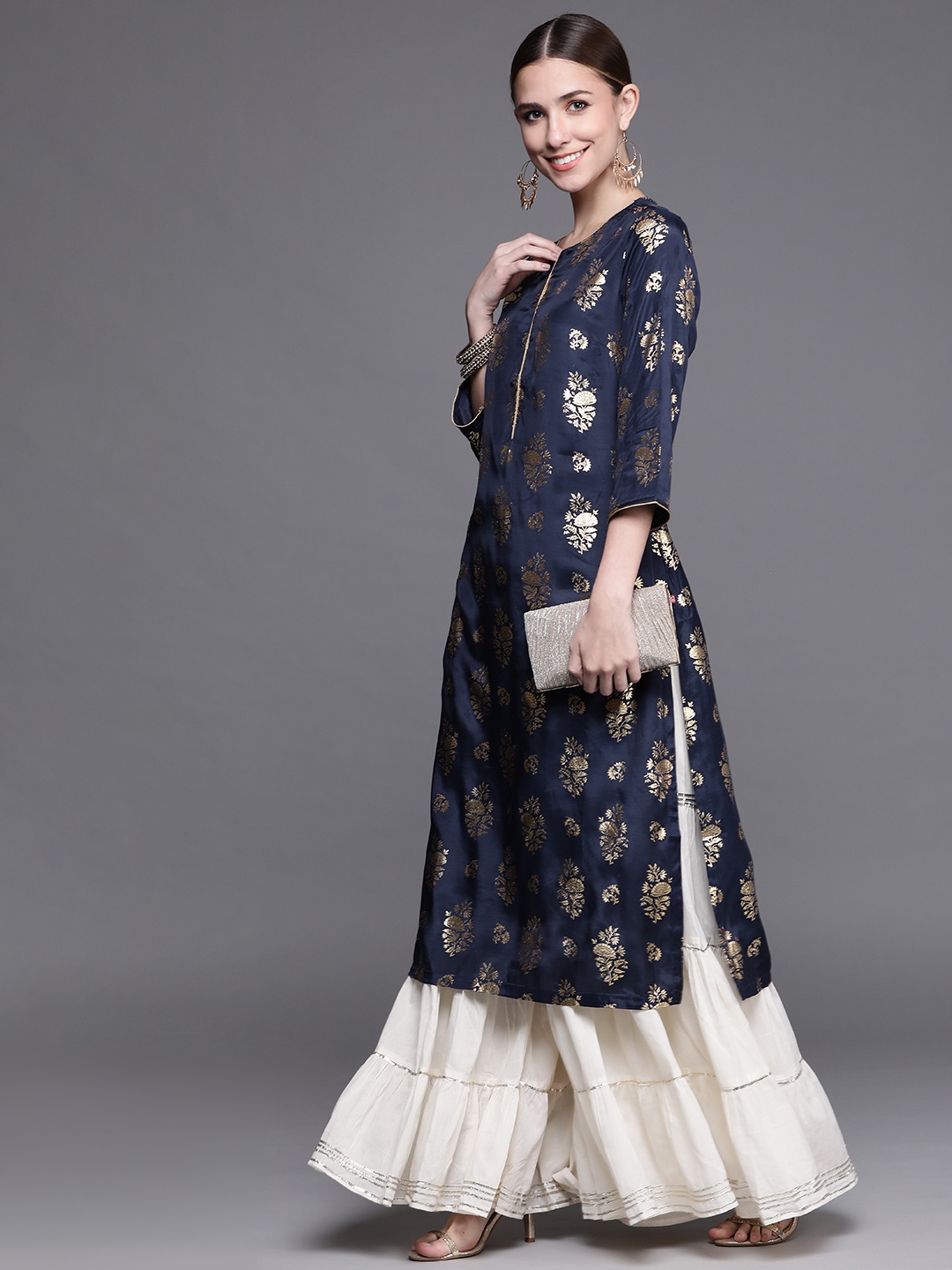 

Biba Women Navy Blue Floral Printed Keyhole Neck Kurta