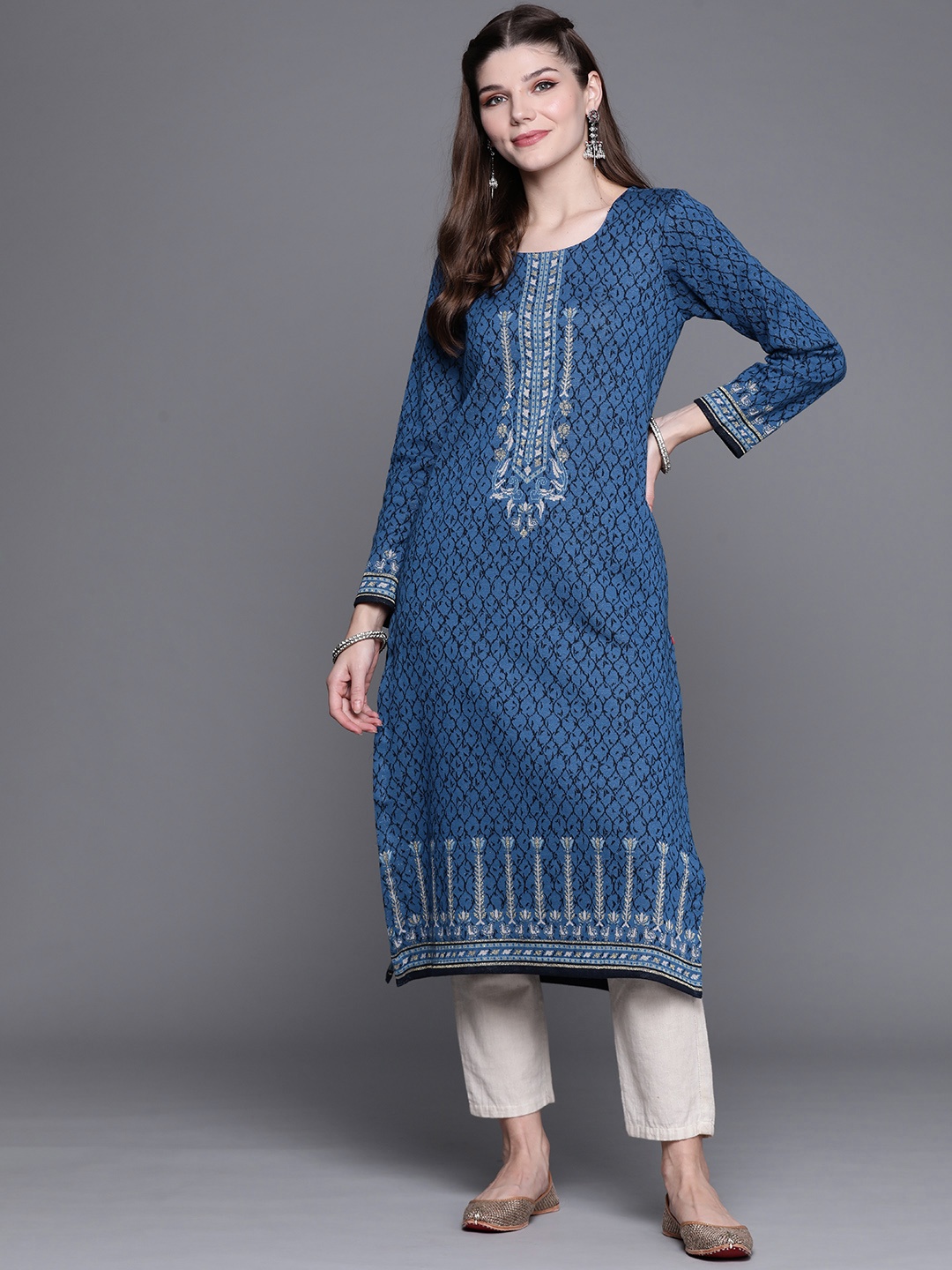 

Biba Women Blue Ethnic Woven Design Winter Kurta