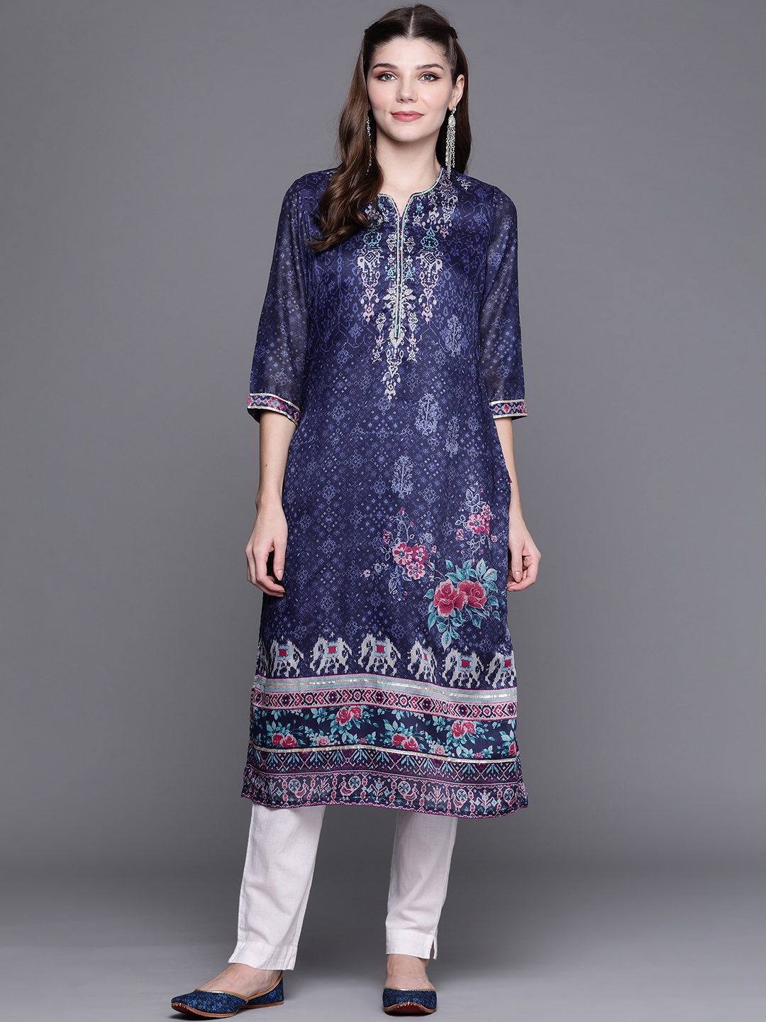 

Biba Women Navy Blue & Beige Ethnic Motifs Printed Kurta