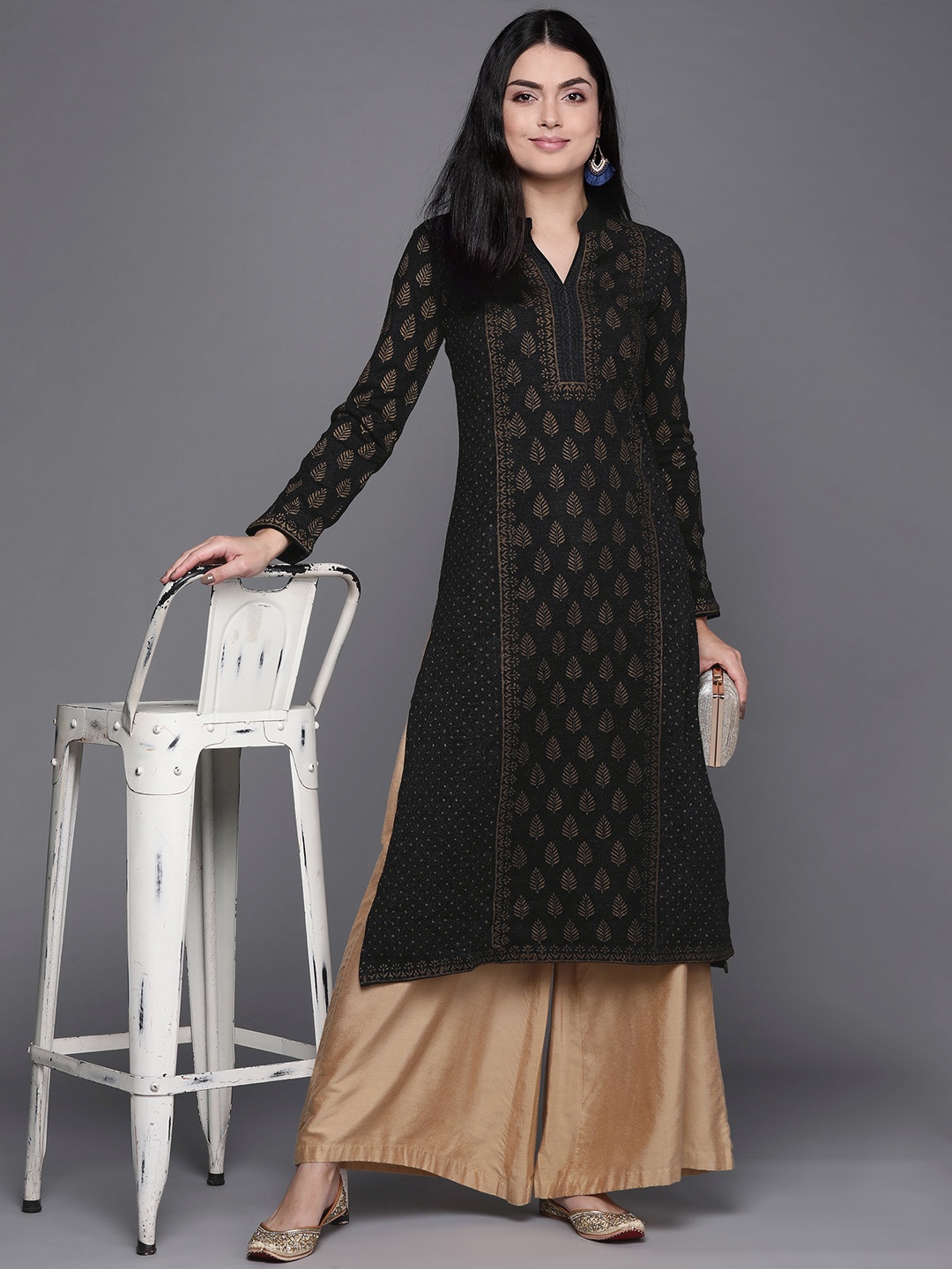 

Biba Women Charcoal Grey & Golden Ethnic Motifs Straight Winter Kurta