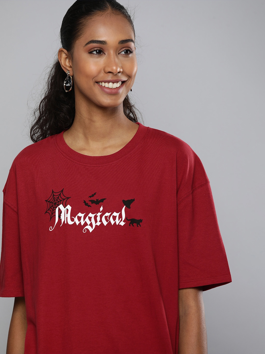 

HERENOW Women Red White Typography Printed Extended Sleeves Pure Cotton T-shirt