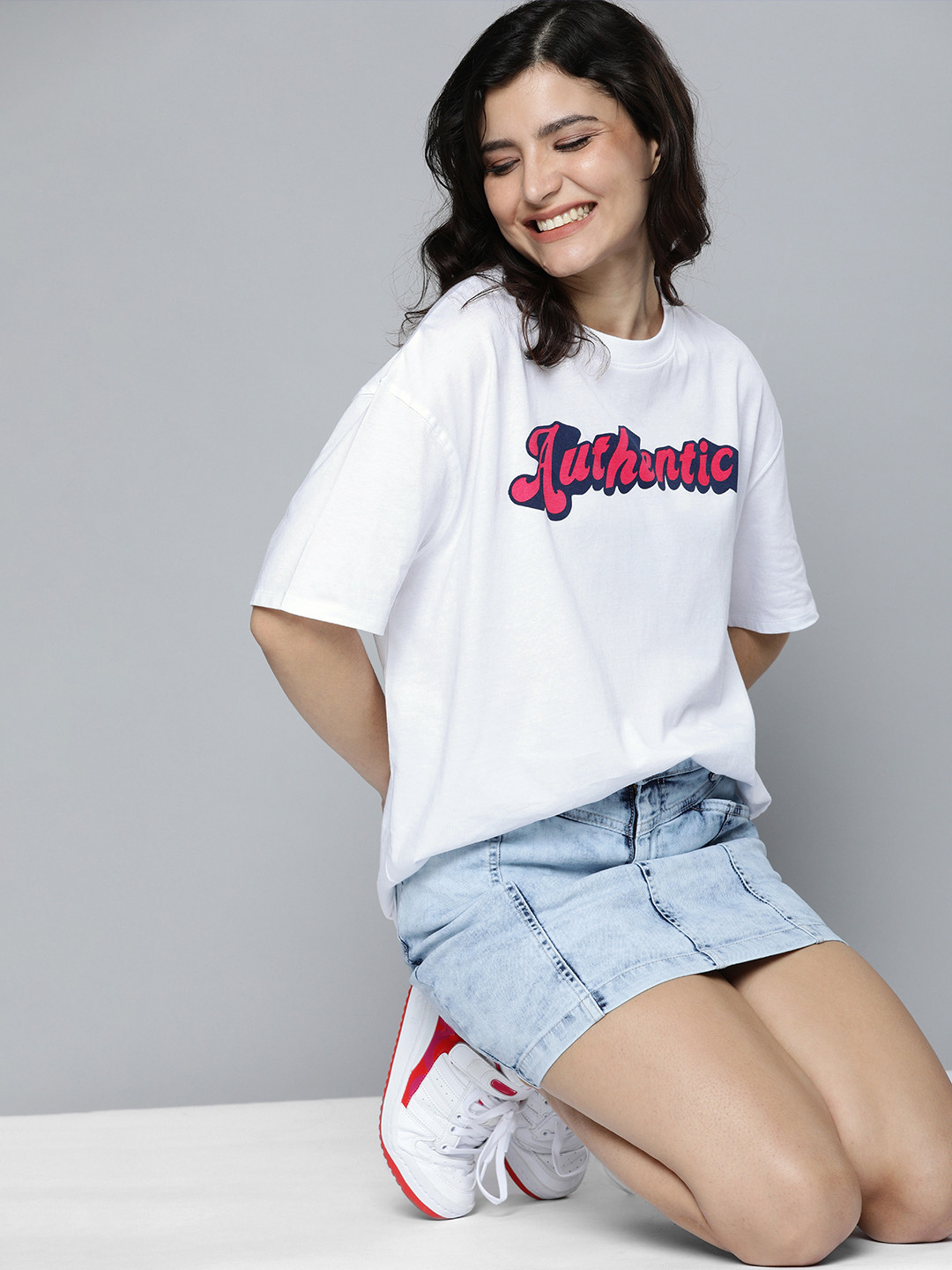 

HERENOW Women White Typography Printed Drop-Shoulder Sleeves Pure Cotton T-shirt