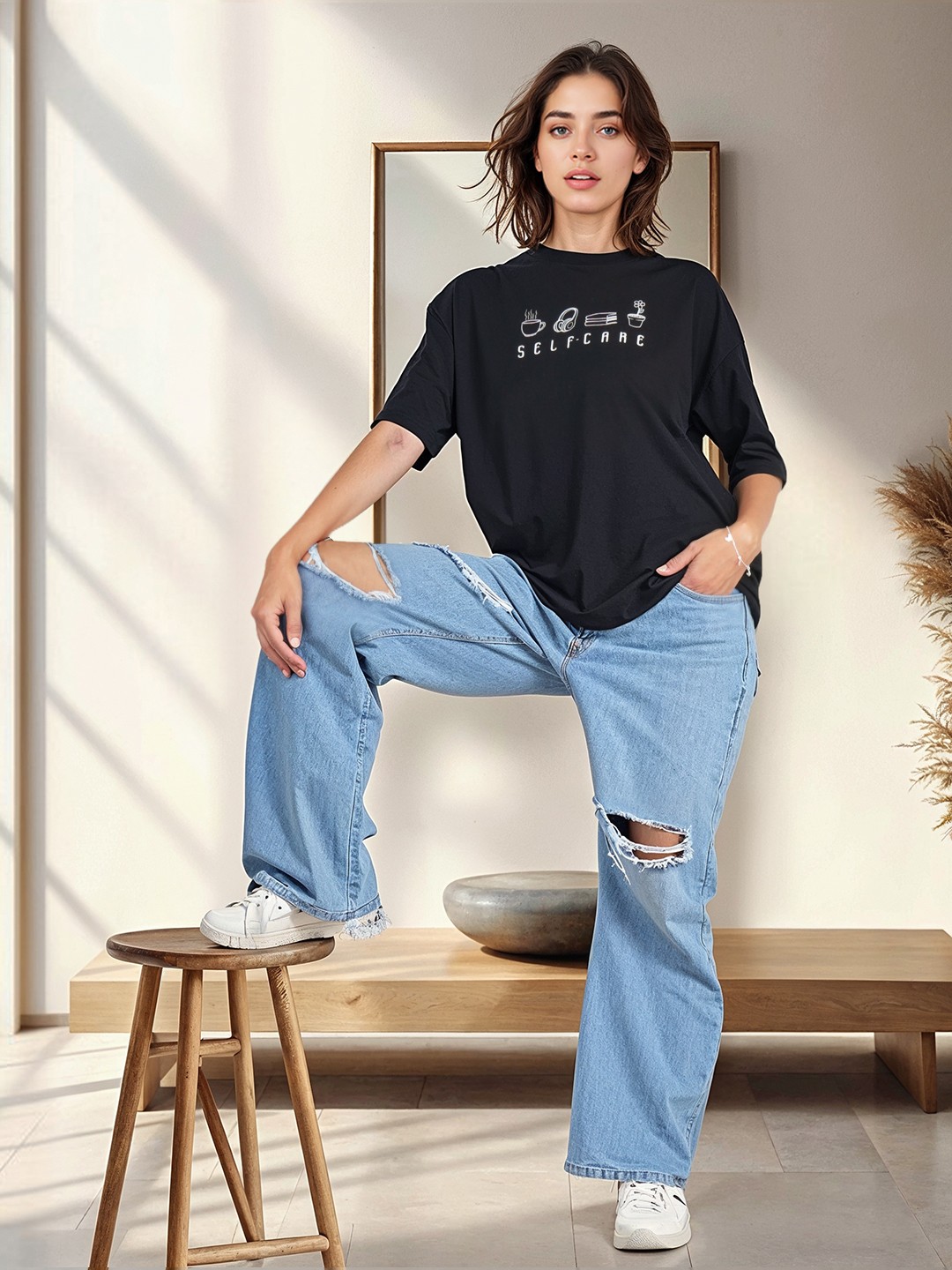 

HERENOW Women Black Typography Printed Pure Cotton T-shirt