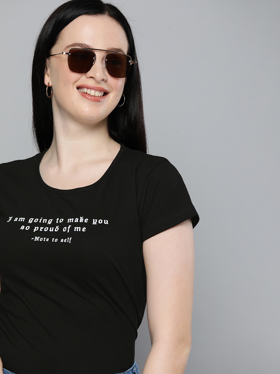 

HERENOW Women Black White Typography Printed Pure Cotton T-shirt
