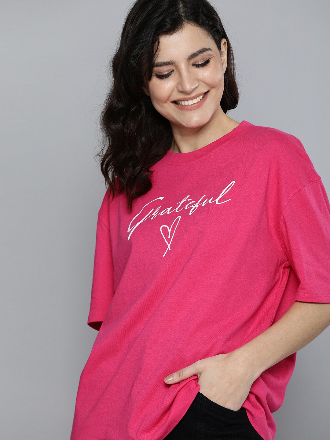 

HERENOW Women Pink White Typography Printed Extended Sleeves Pure Cotton T-shirt