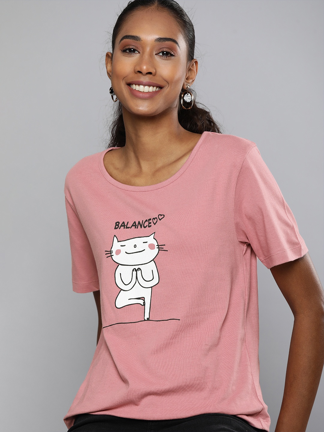 

HERENOW Women Pink White Typography Printed Pure Cotton T-shirt