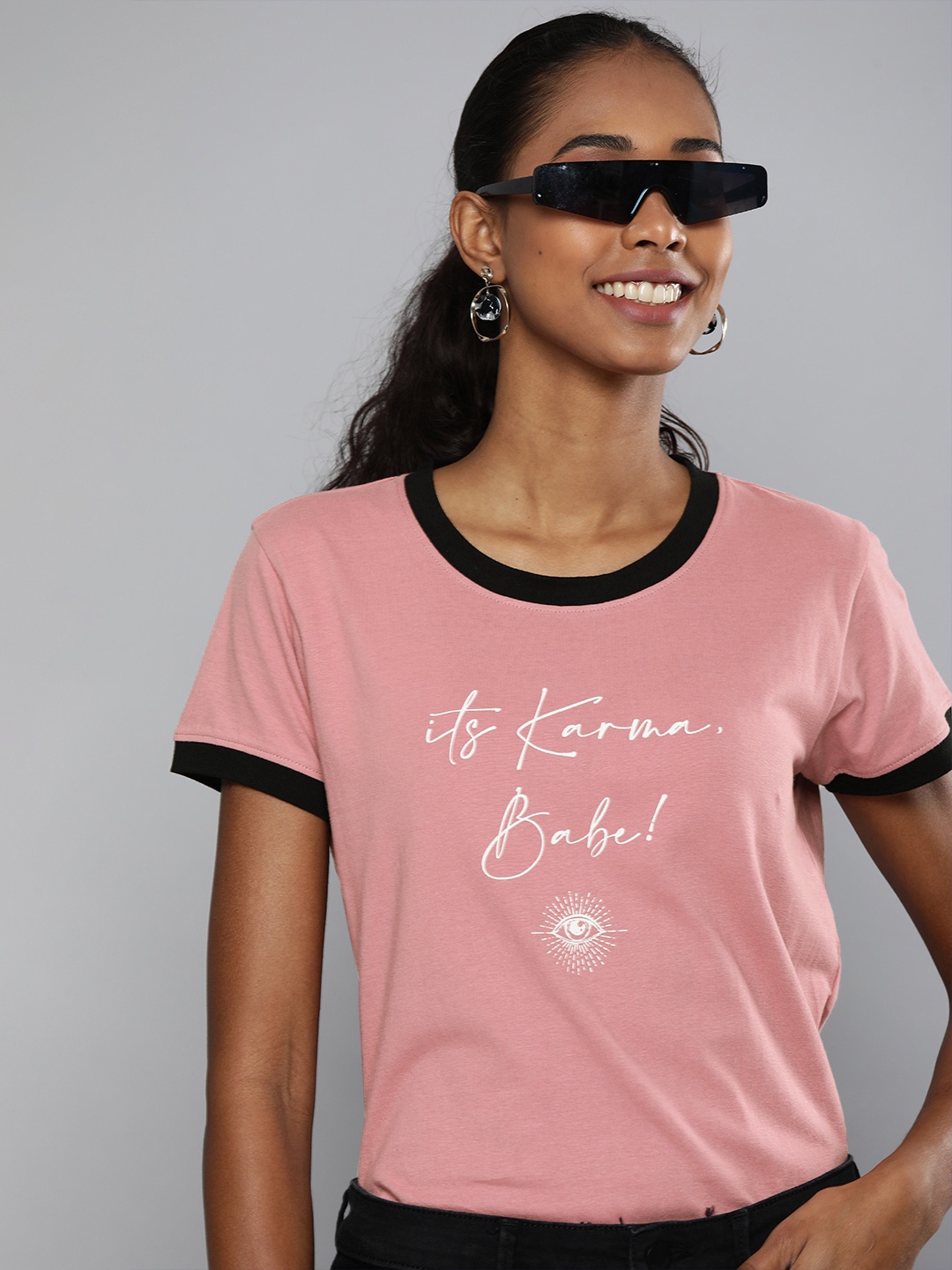 

HERENOW Women Pink White Typography Printed Pure Cotton T-shirt