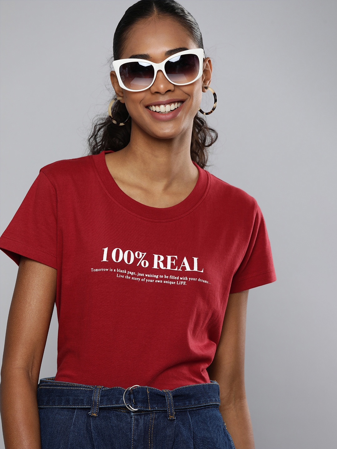 

HERENOW Women Red White Typography Printed Pure Cotton T-shirt