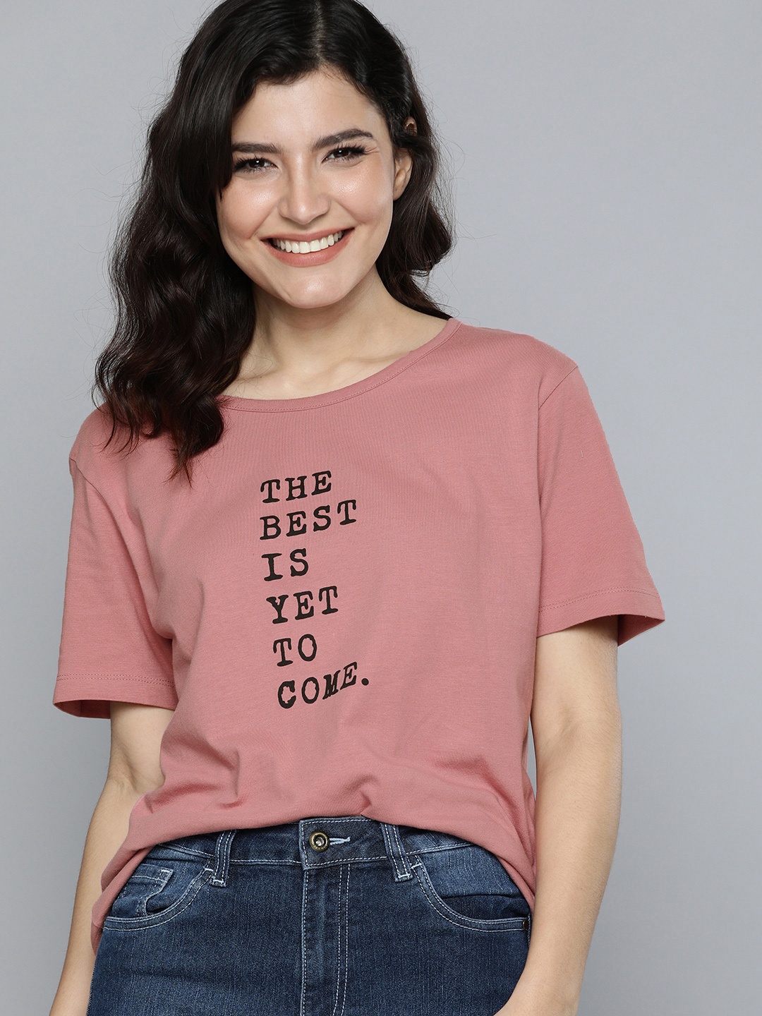 HERENOW Women Pink Black Typography Printed Pure Cotton T-shirt