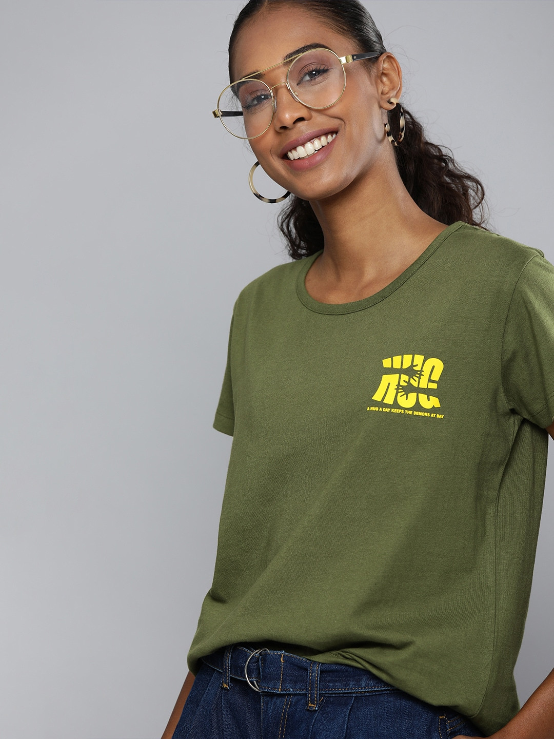 

HERENOW Women Olive Green Yellow Typography Printed Pure Cotton T-shirt