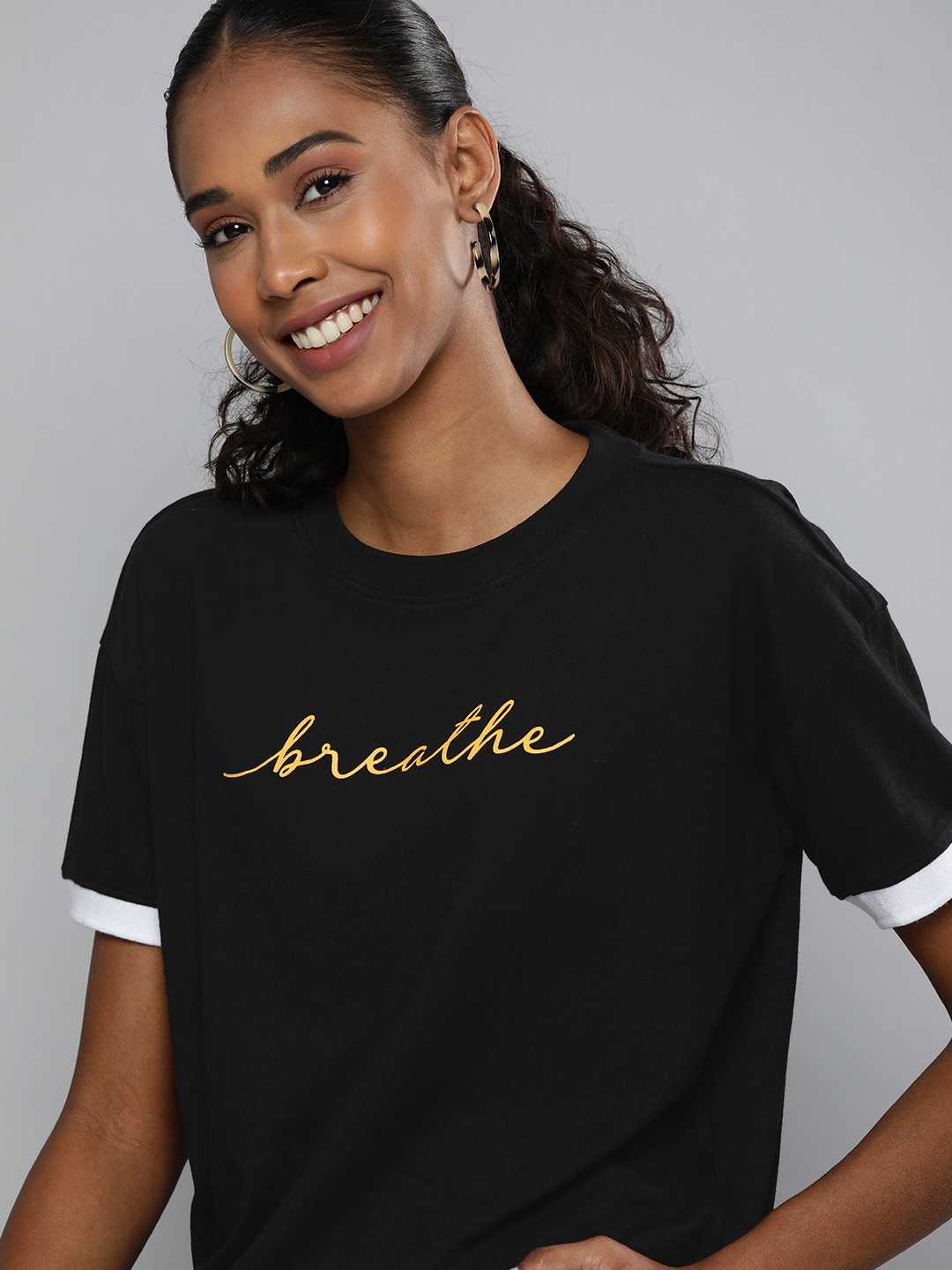 HERENOW Women Black Yellow Typography Printed Pure Cotton T-shirt
