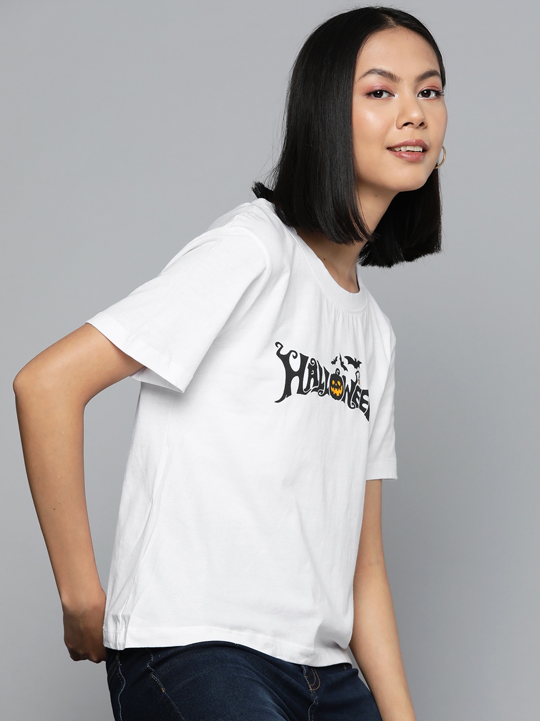 

HERE&NOW Women Typography Printed Pure Cotton T-shirt, White