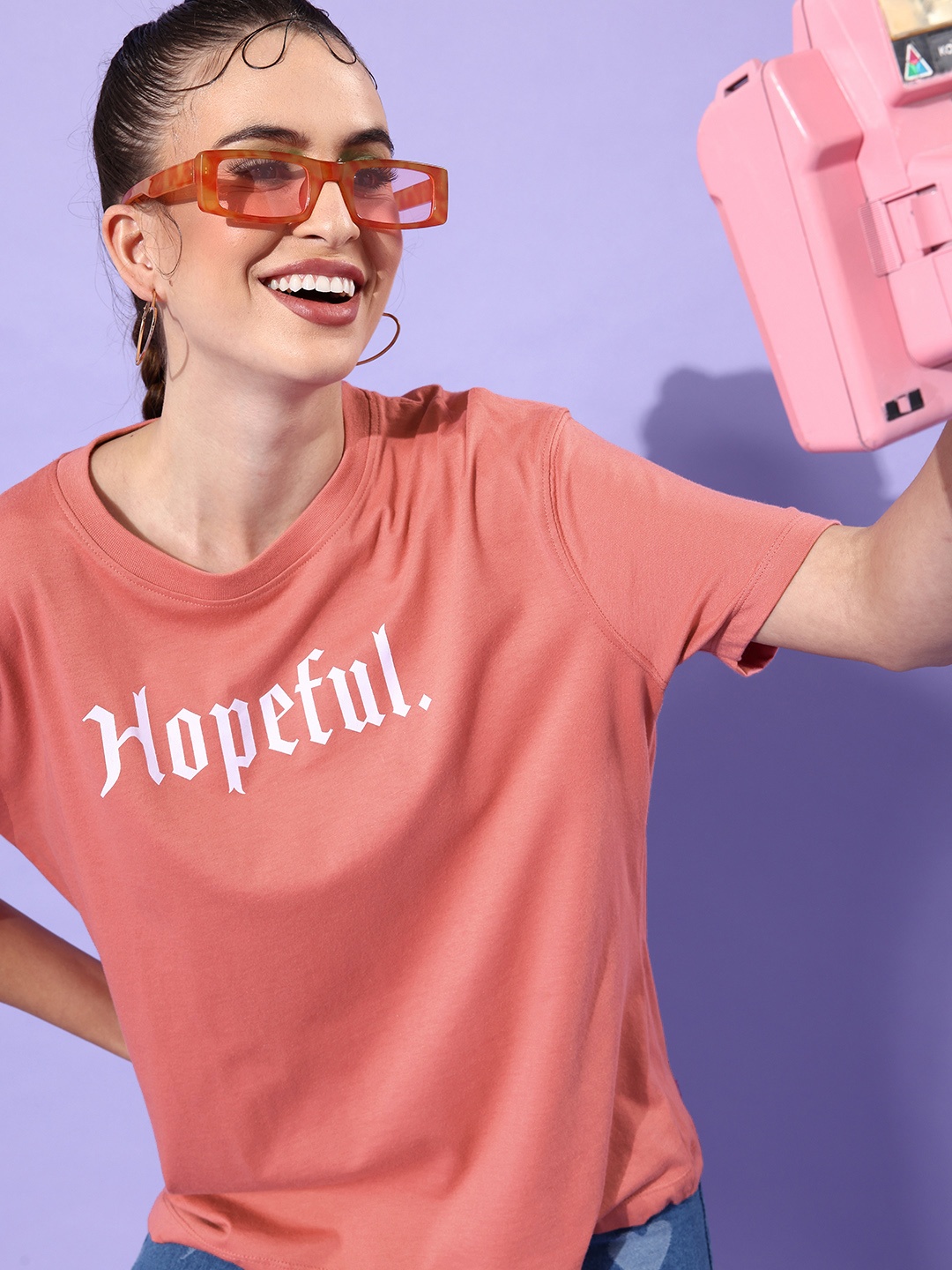 

HERE&NOW Women Pretty Pink Typography Joyful Conversation T-Shirt