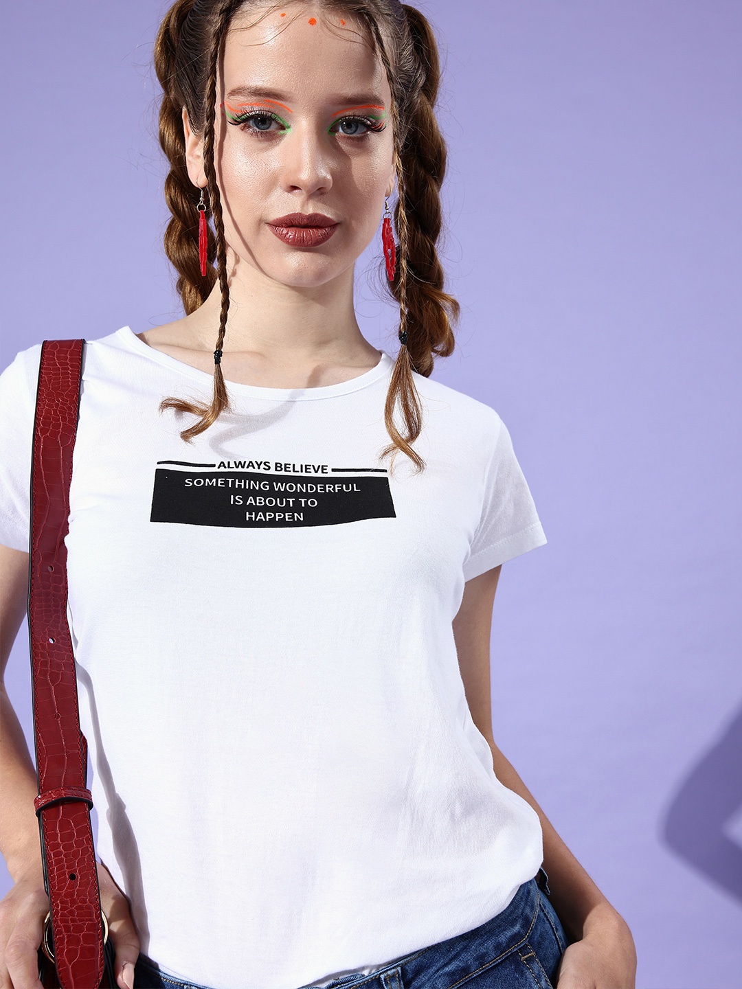 

HERENOW Women White Typography Printed Pure Cotton T-shirt