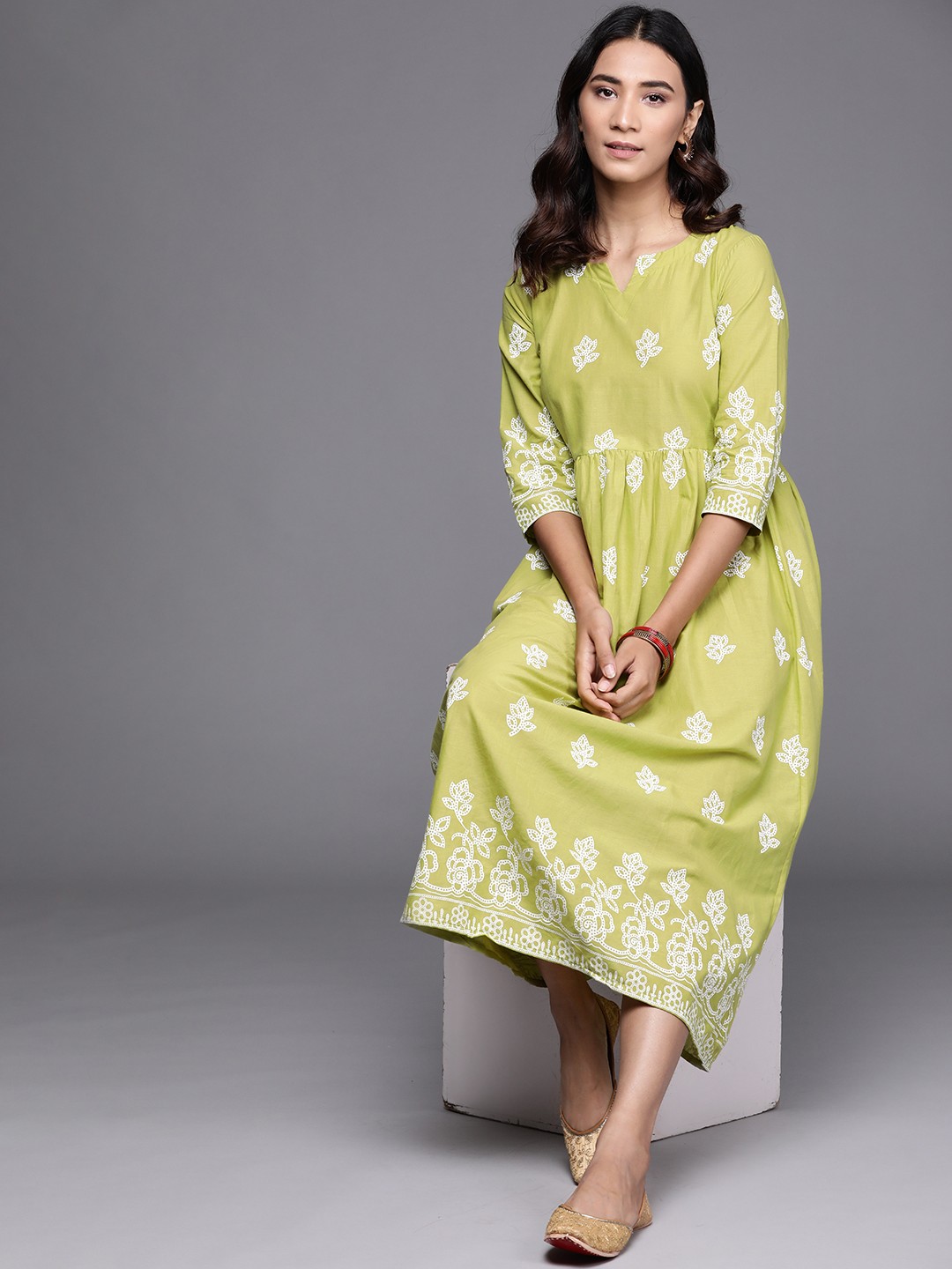 

Libas Women Green & White Ethnic Motifs Print Cotton Midi Fit And Flare Dress