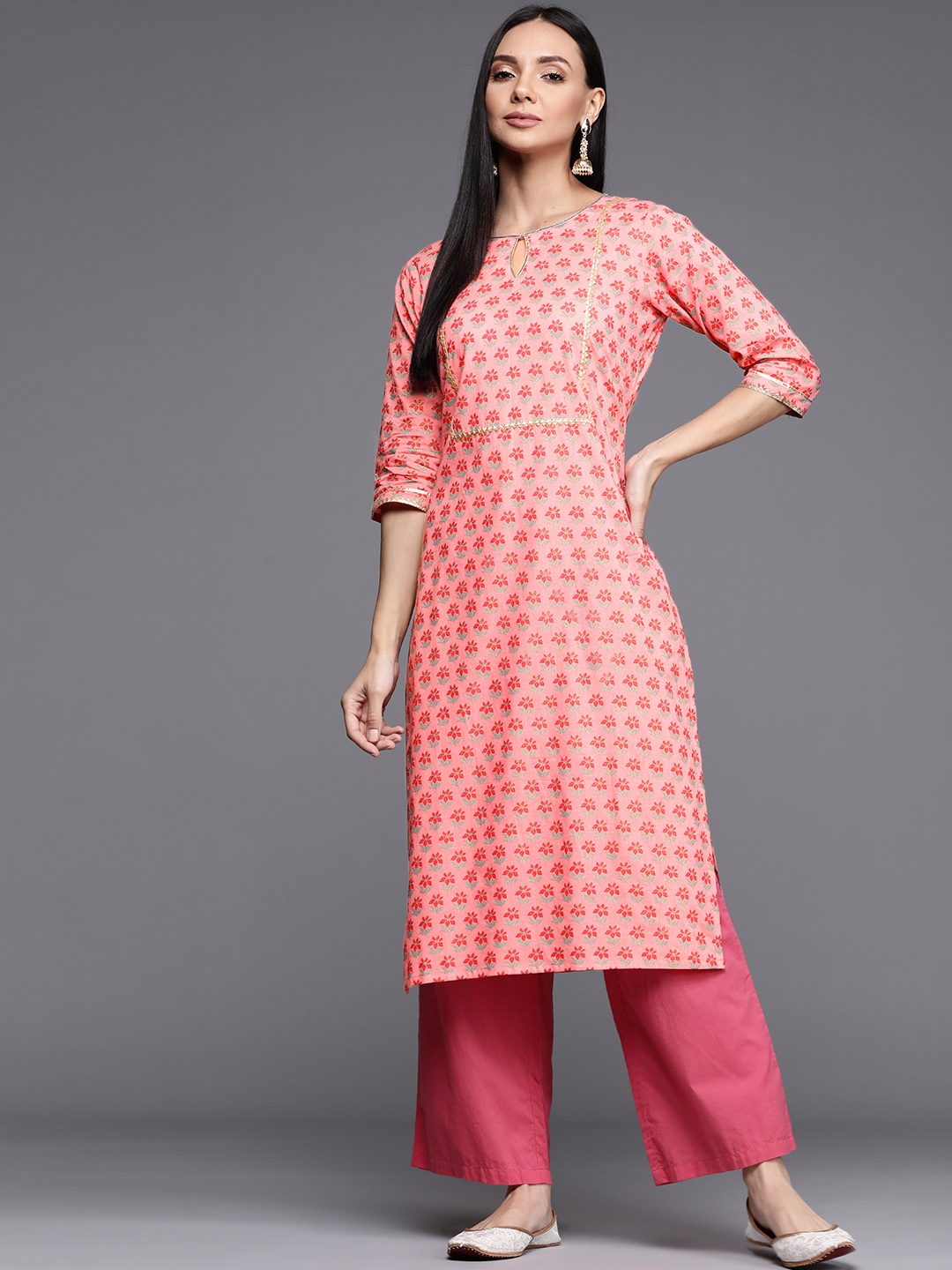 

Libas Women Pink & Red Floral Printed Keyhole Neck Gotta Patti Pastels Kurta