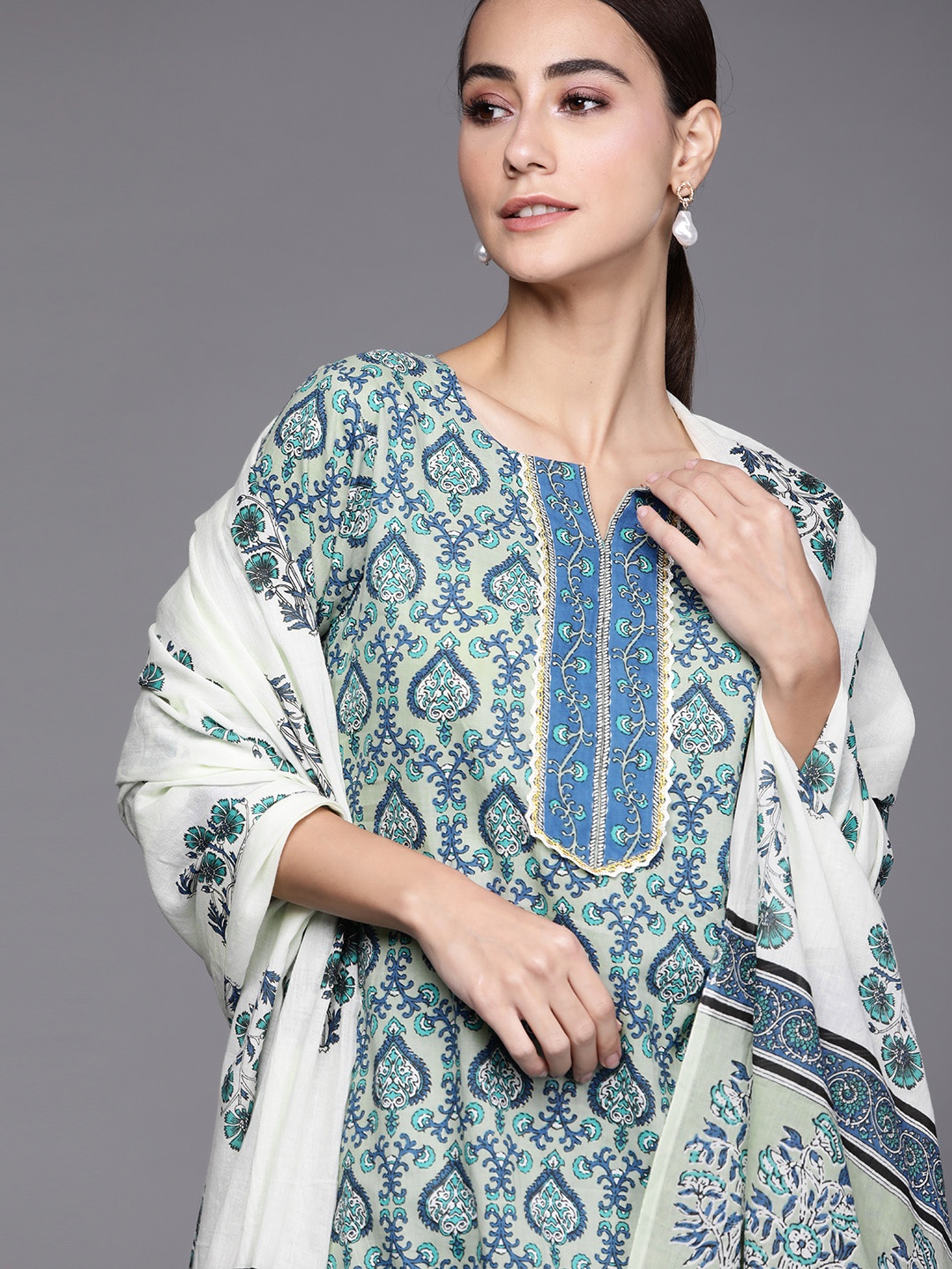 

Libas Women Green & Blue Ethnic Motifs Printed Pure Cotton Kurta with Palazzos & Dupatta