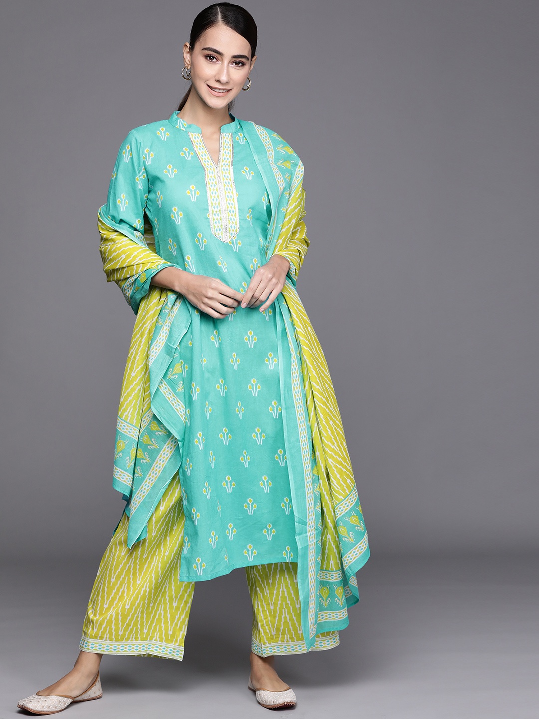 

Libas Women Turquoise Blue Ethnic Motifs Printed Pure Cotton Kurta with Palazzos & Dupatta
