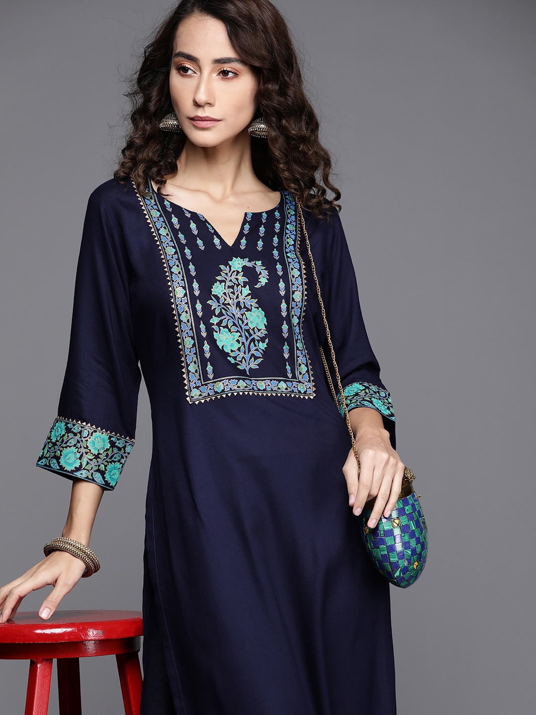 

Libas Women Blue Paisley Printed Yoke Design Indigo Straight Kurta
