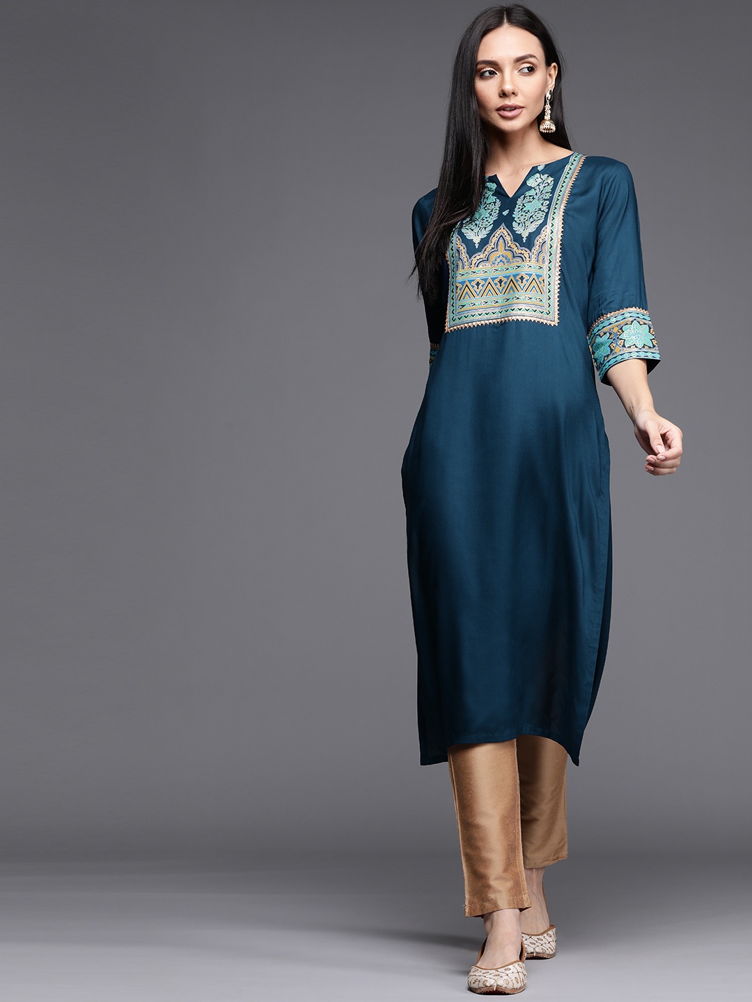 

Libas Women Blue Floral Printed Gotta Patti Yoke Design Indigo Kurta