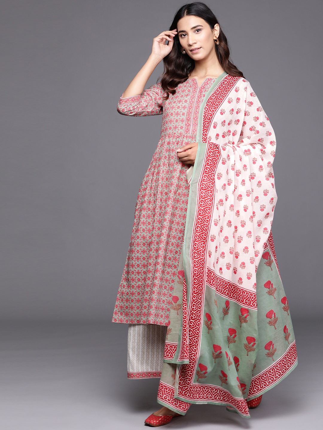 

Libas Women Sea Green & Pink Ethnic Motifs Printed Cotton Kurta with Palazzos & Dupatta