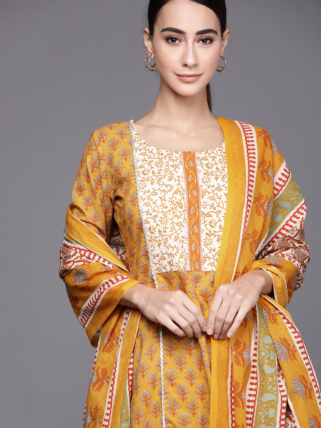 

Libas Women Mustard Yellow & White Printed Pure Cotton Kurta with Palazzos & Dupatta