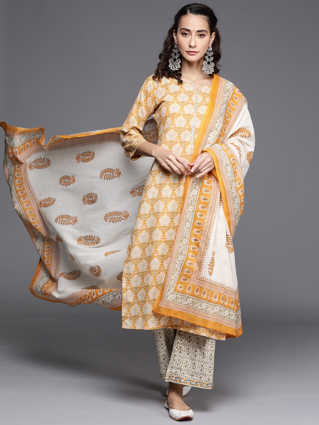 

Libas Women Mustard Yellow & White Floral Print Straight Cotton Kurta Palazzos & Dupatta