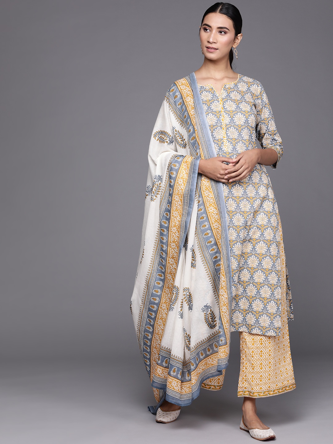 

Libas Women Grey & Mustard Yellow Floral Motifs Printed Kurta with Palazzos & Dupatta